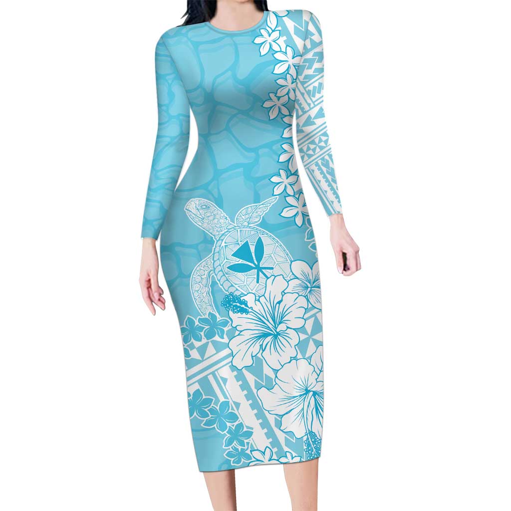 Hawaii Kanaka Maoli Family Matching Long Sleeve Bodycon Dress and Hawaiian Shirt Polynesian Turtle Tattoo DT05 Mom's Dress Blue - Polynesian Pride