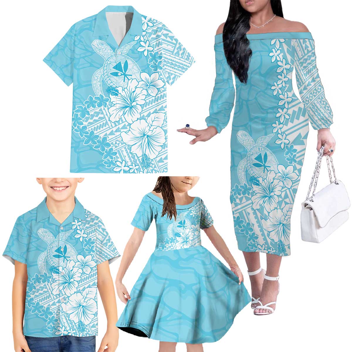 Hawaii Kanaka Maoli Family Matching Off The Shoulder Long Sleeve Dress and Hawaiian Shirt Polynesian Turtle Tattoo DT05 - Polynesian Pride