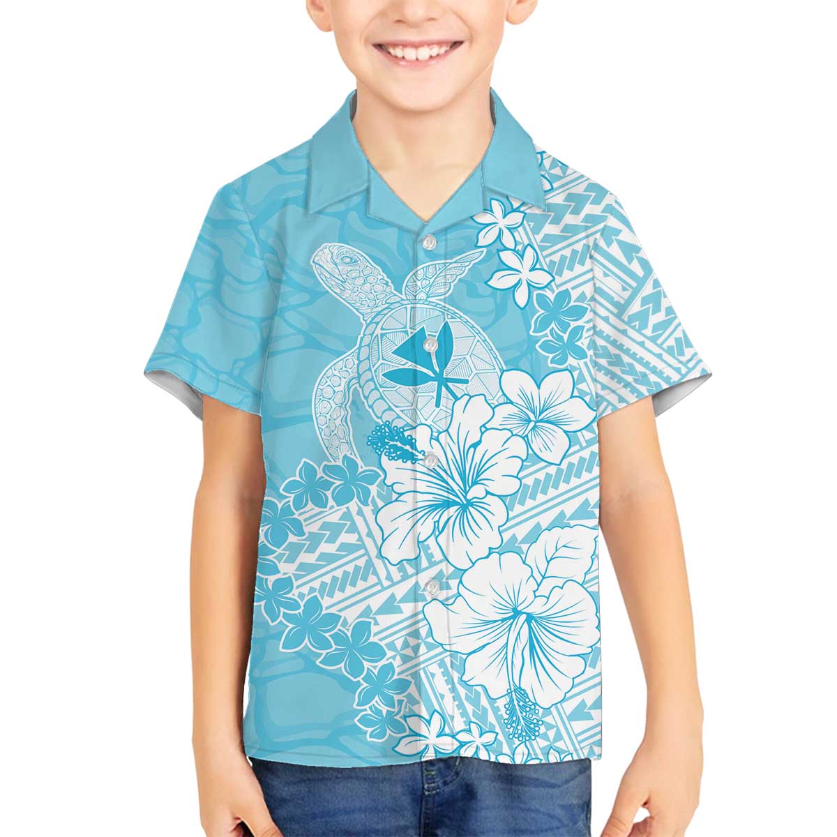 Hawaii Kanaka Maoli Family Matching Off The Shoulder Long Sleeve Dress and Hawaiian Shirt Polynesian Turtle Tattoo DT05 Son's Shirt Blue - Polynesian Pride