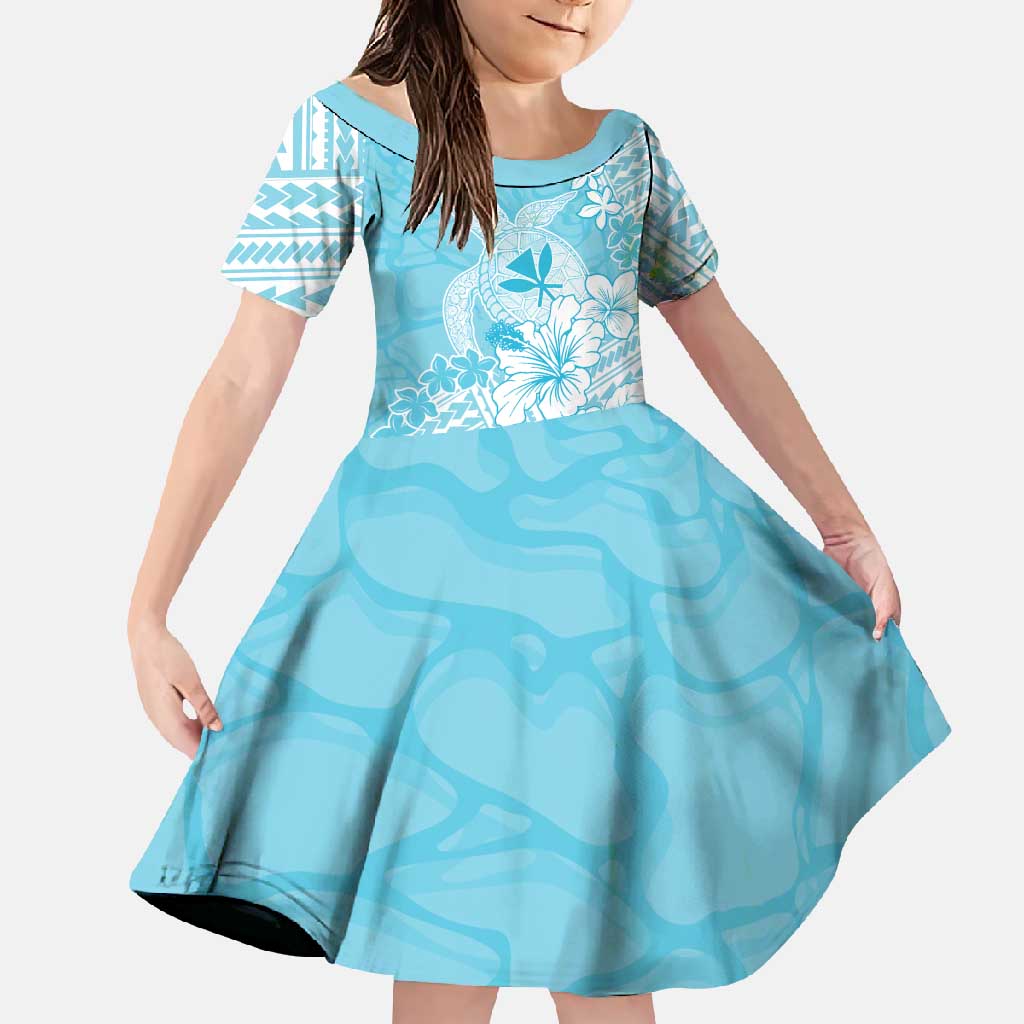 Hawaii Kanaka Maoli Family Matching Off Shoulder Maxi Dress and Hawaiian Shirt Polynesian Turtle Tattoo DT05 Daughter's Dress Blue - Polynesian Pride