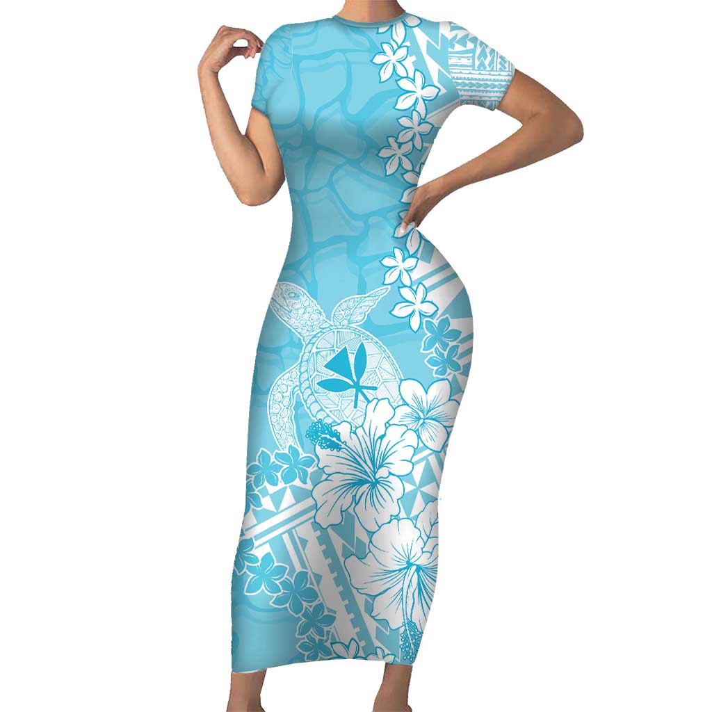 Hawaii Kanaka Maoli Family Matching Short Sleeve Bodycon Dress and Hawaiian Shirt Polynesian Turtle Tattoo DT05 Mom's Dress Blue - Polynesian Pride