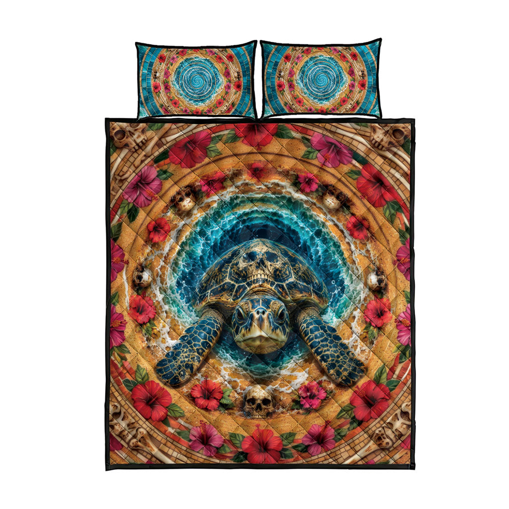 3D Illusion Honu Halloween Quilt Bed Set Hawaiian Sea Turtle Skull Shell Vortex