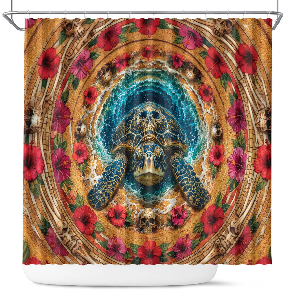 3D Illusion Honu Halloween Shower Curtain Hawaiian Sea Turtle Skull Shell Vortex