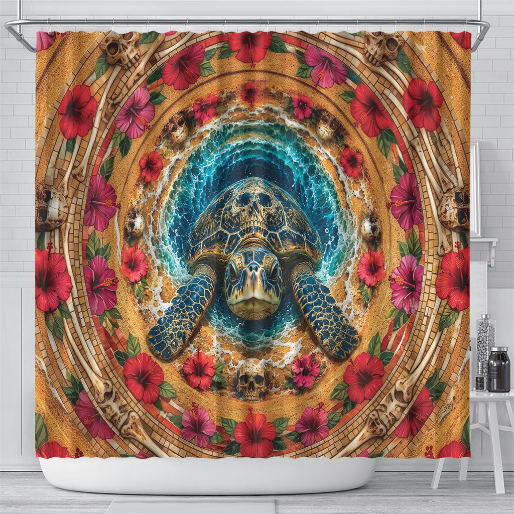 3D Illusion Honu Halloween Shower Curtain Hawaiian Sea Turtle Skull Shell Vortex