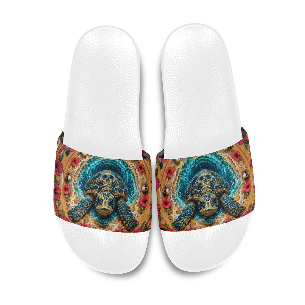 3D Illusion Honu Halloween Slide Sandals Hawaiian Sea Turtle Skull Shell Vortex