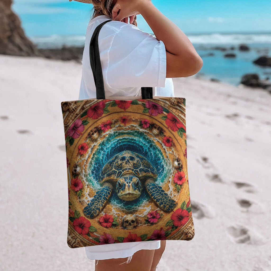 3D Illusion Honu Halloween Tote Bag Hawaiian Sea Turtle Skull Shell Vortex