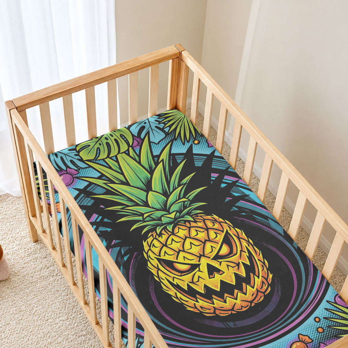 3D Illusion Pineapple Jack O Lantern Halloween Baby Bed Cover Tropical Spooky Fruit Monstera Swirl DT05 - Polynesian Pride