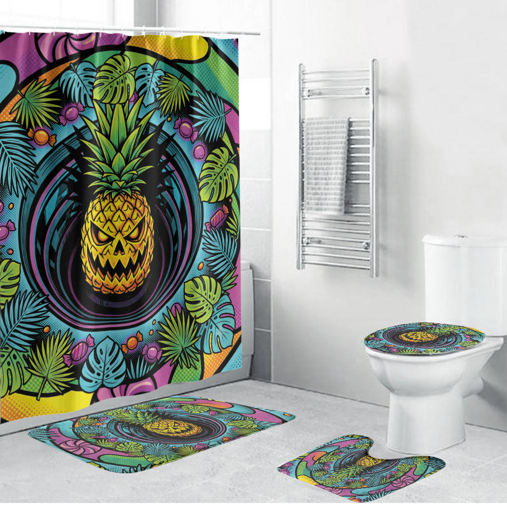 3D Illusion Pineapple Jack O Lantern Halloween Bathroom Set Tropical Spooky Fruit Monstera Swirl