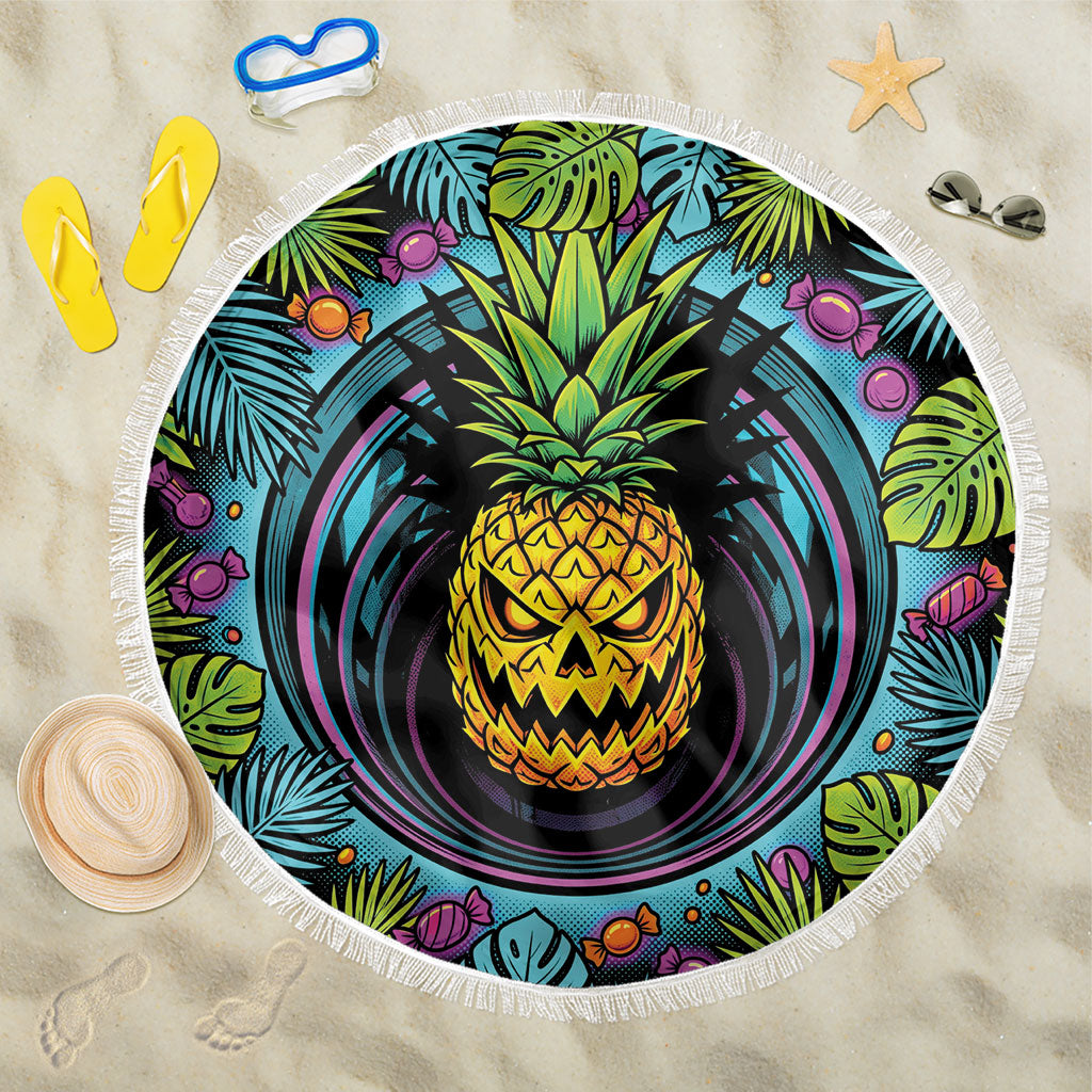 3D Illusion Pineapple Jack O Lantern Halloween Beach Blanket Tropical Spooky Fruit Monstera Swirl