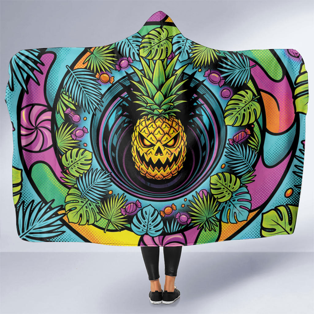 3D Illusion Pineapple Jack O Lantern Halloween Hooded Blanket Tropical Spooky Fruit Monstera Swirl