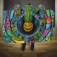 3D Illusion Pineapple Jack O Lantern Halloween Hooded Blanket Tropical Spooky Fruit Monstera Swirl