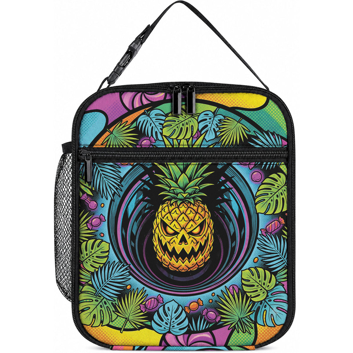 3D Illusion Pineapple Jack O Lantern Halloween Lunch Bag Tropical Spooky Fruit Monstera Swirl