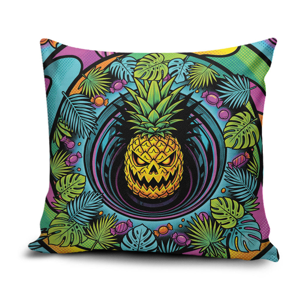 3D Illusion Pineapple Jack O Lantern Halloween Pillow Cover Tropical Spooky Fruit Monstera Swirl