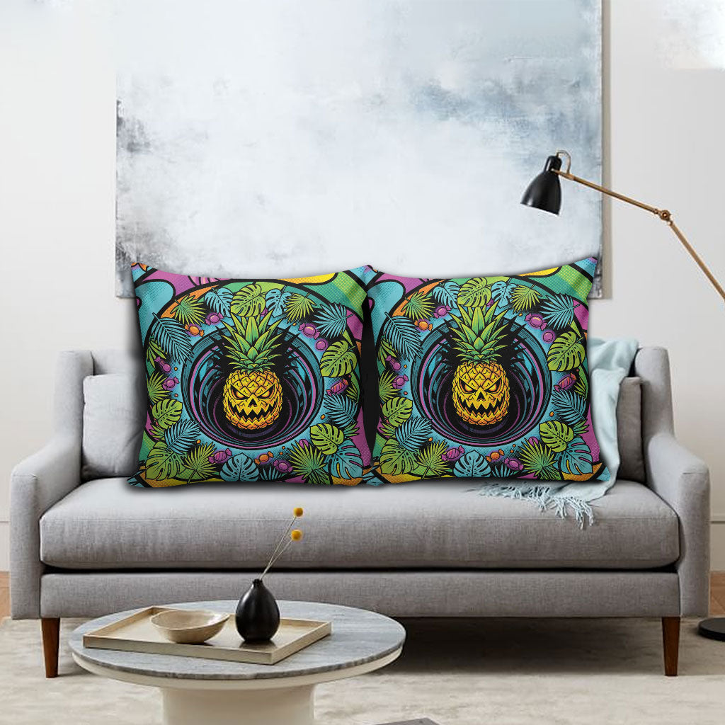 3D Illusion Pineapple Jack O Lantern Halloween Pillow Cover Tropical Spooky Fruit Monstera Swirl