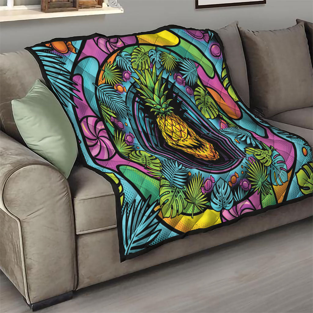 3D Illusion Pineapple Jack O Lantern Halloween Quilt Tropical Spooky Fruit Monstera Swirl