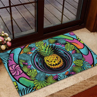3D Illusion Pineapple Jack O Lantern Halloween Rubber Doormat Tropical Spooky Fruit Monstera Swirl
