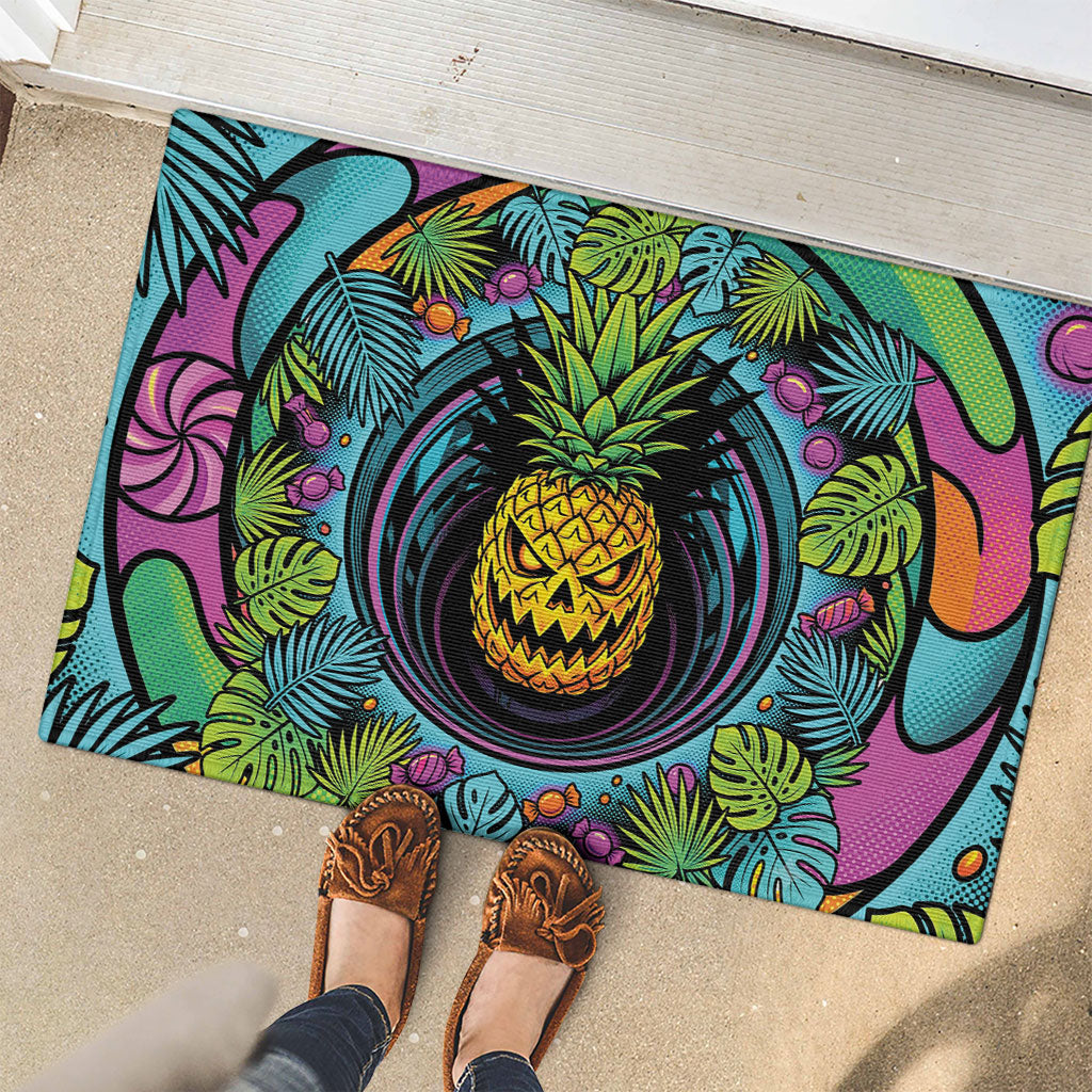 3D Illusion Pineapple Jack O Lantern Halloween Rubber Doormat Tropical Spooky Fruit Monstera Swirl