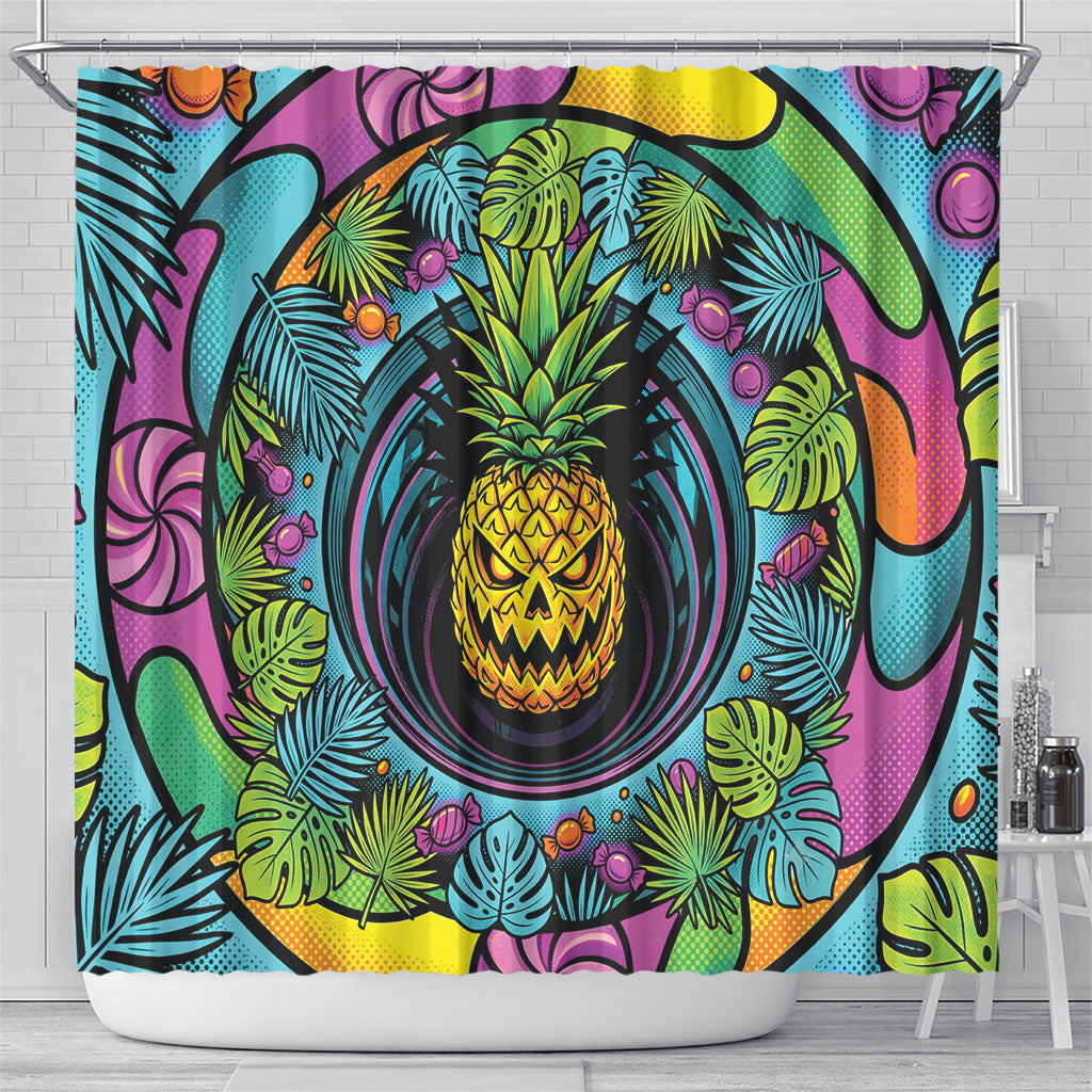 3D Illusion Pineapple Jack O Lantern Halloween Shower Curtain Tropical Spooky Fruit Monstera Swirl