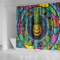 3D Illusion Pineapple Jack O Lantern Halloween Shower Curtain Tropical Spooky Fruit Monstera Swirl