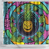 3D Illusion Pineapple Jack O Lantern Halloween Shower Curtain Tropical Spooky Fruit Monstera Swirl