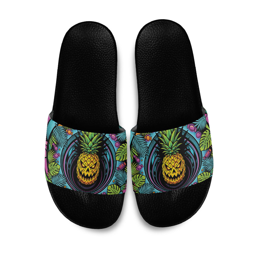3D Illusion Pineapple Jack O Lantern Halloween Slide Sandals Tropical Spooky Fruit Monstera Swirl