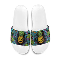 3D Illusion Pineapple Jack O Lantern Halloween Slide Sandals Tropical Spooky Fruit Monstera Swirl