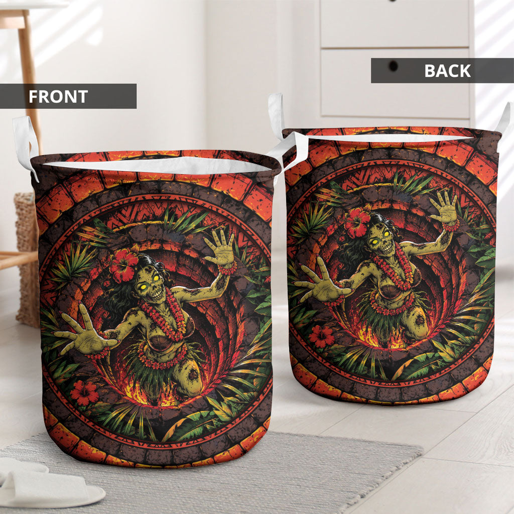 3D Illusion Hula Zombie Halloween Laundry Basket Hawaiian Undead Dancer Volcano Stone Well