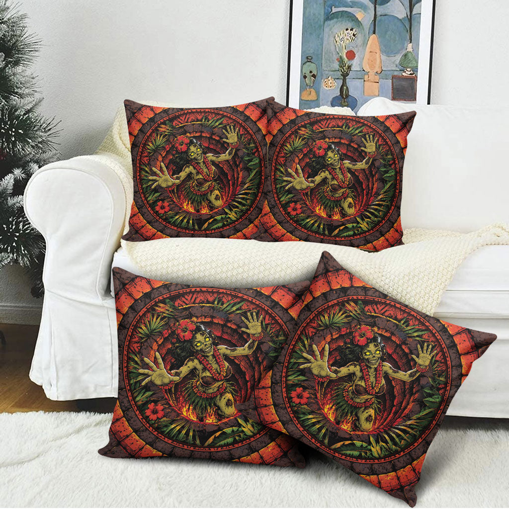 3D Illusion Hula Zombie Halloween Pillow Cover Hawaiian Undead Dancer Volcano Stone Well
