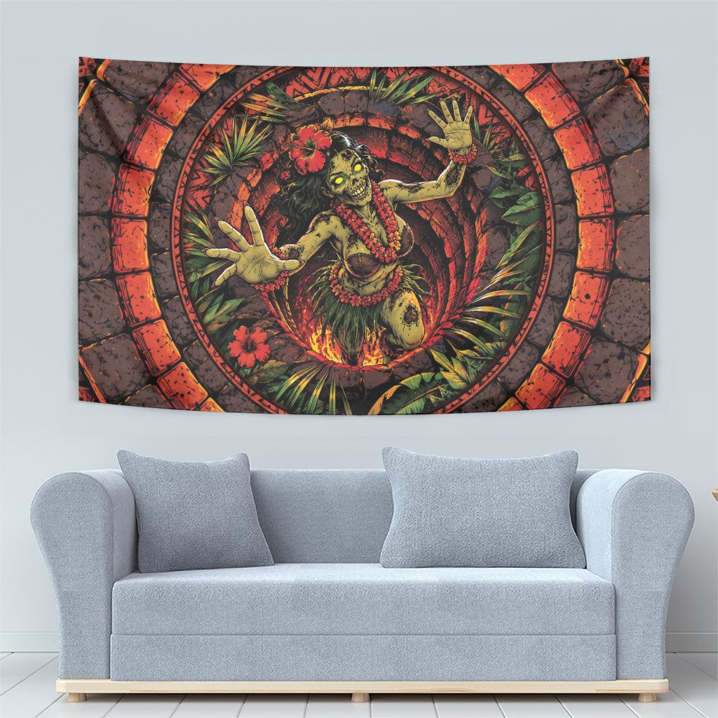 3D Illusion Hula Zombie Halloween Tapestry Hawaiian Undead Dancer Volcano Stone Well