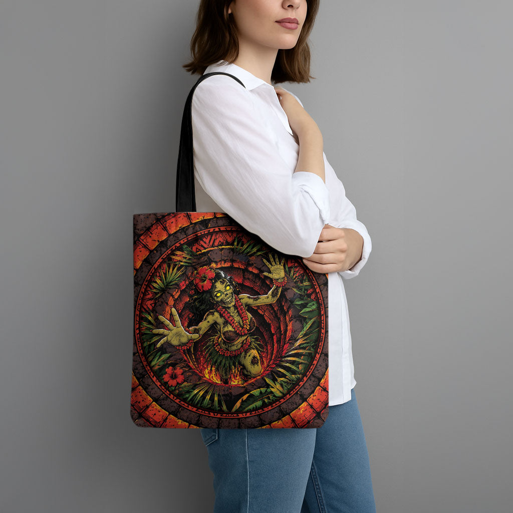 3D Illusion Hula Zombie Halloween Tote Bag Hawaiian Undead Dancer Volcano Stone Well