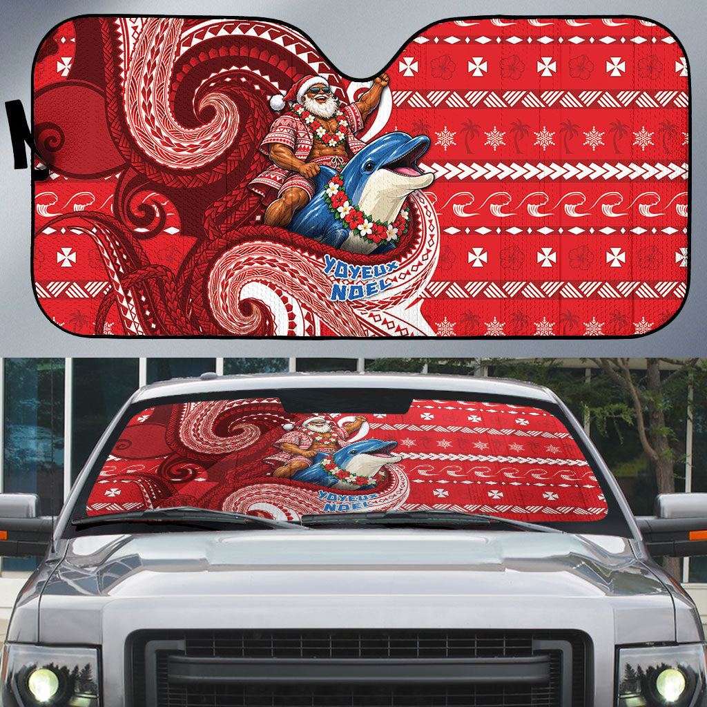 Wallis And Futuna Christmas Auto Sun Shade Santa Riding Ocean Dolphin DT05 Red - Polynesian Pride