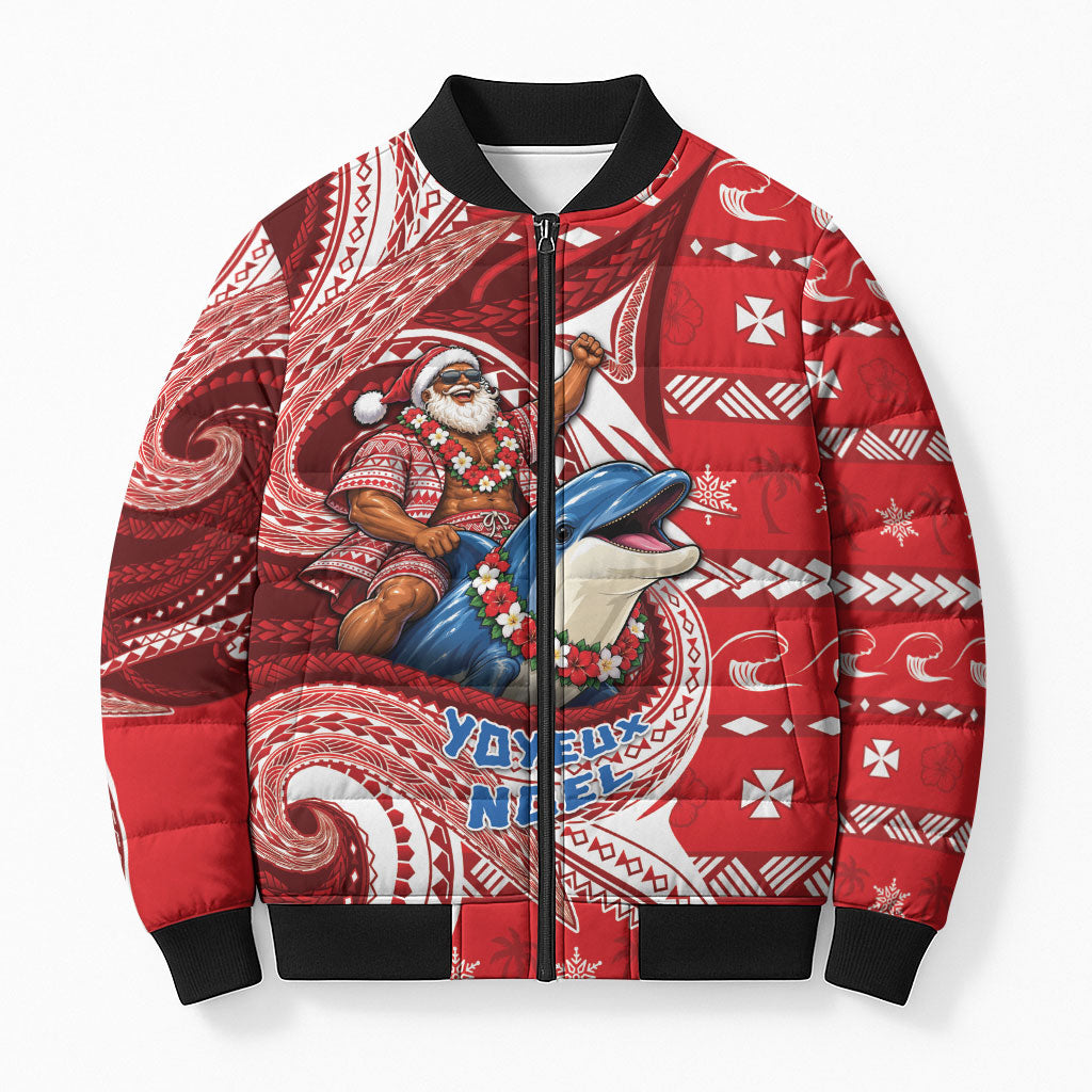 Wallis And Futuna Christmas Bomber Puffer Jacket Santa Riding Ocean Dolphin