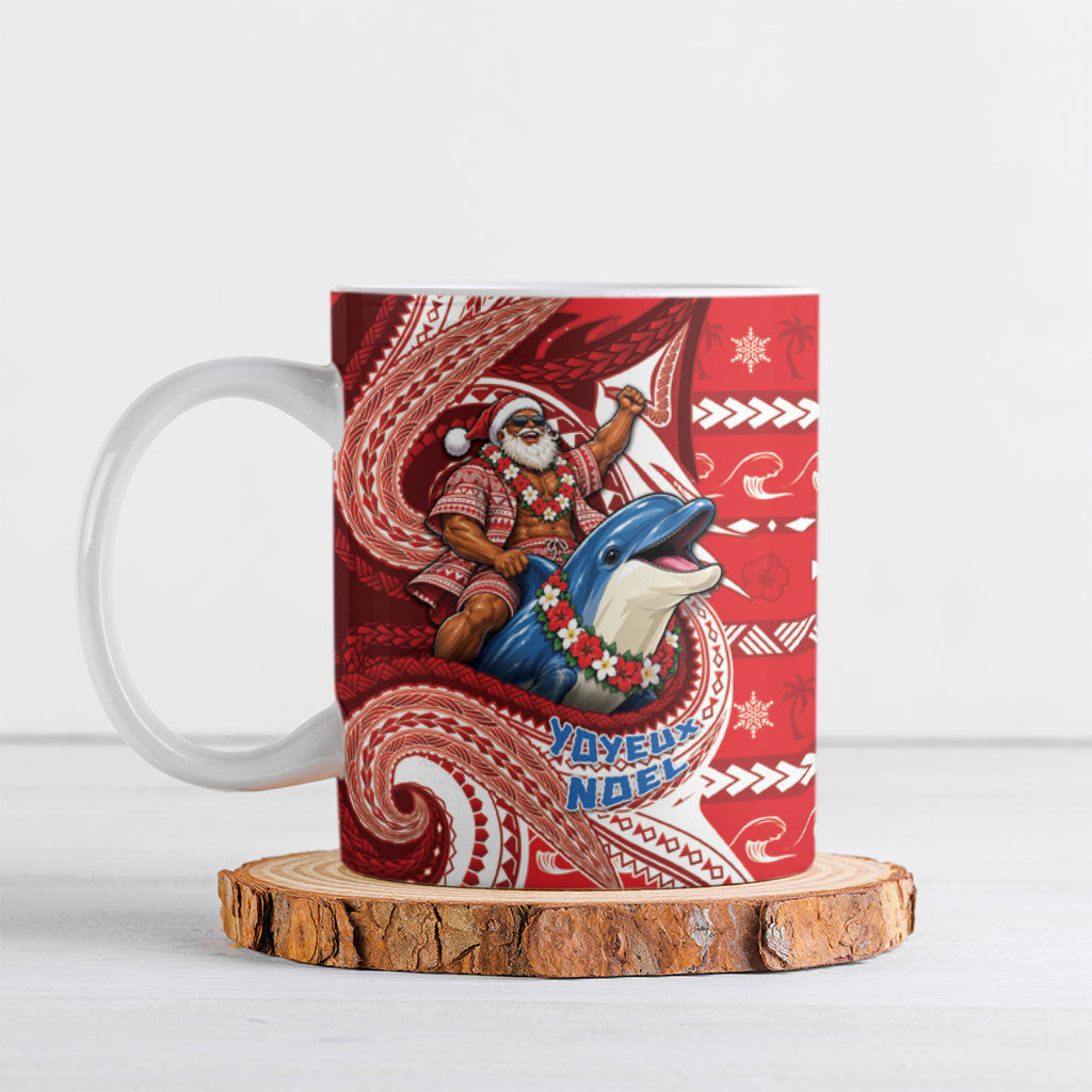 Wallis And Futuna Christmas Ceramic Mug Santa Riding Ocean Dolphin DT05 Red - Polynesian Pride
