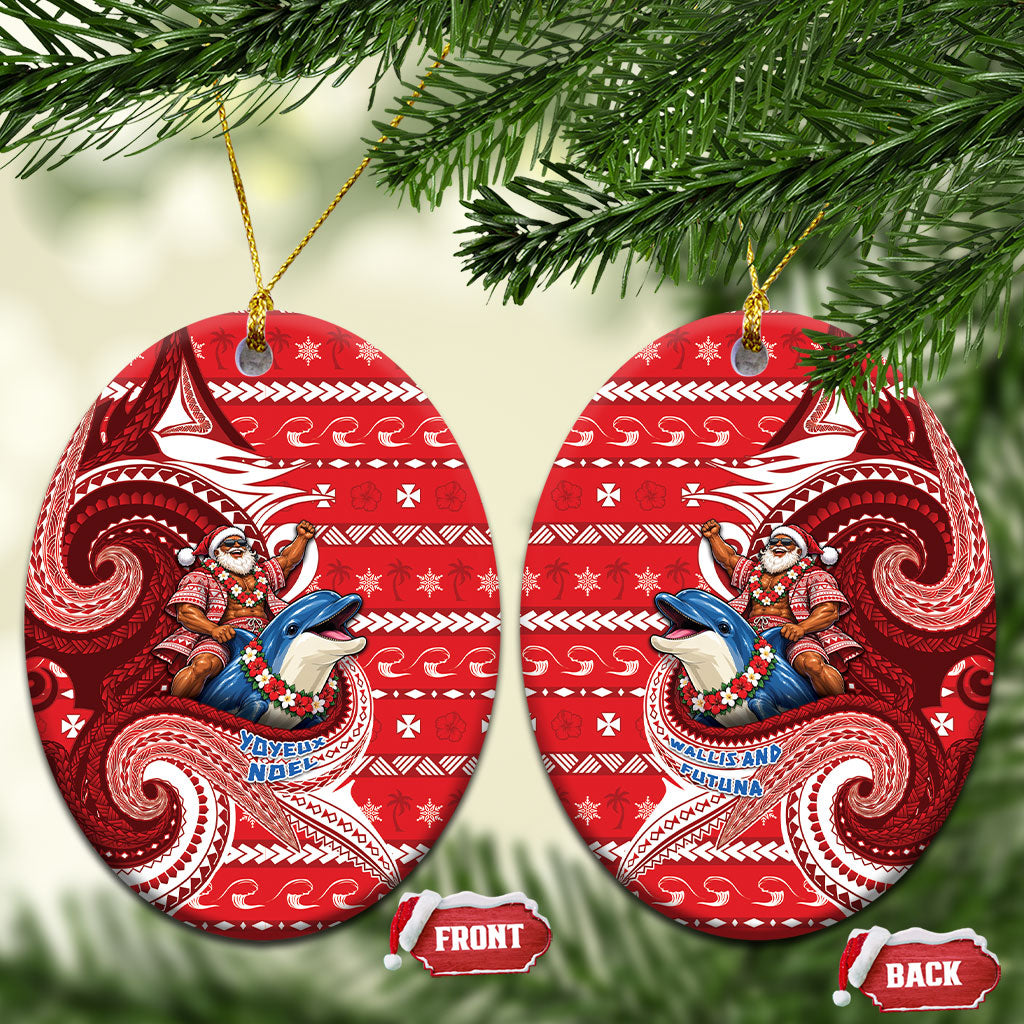 Wallis And Futuna Christmas Ceramic Ornament Santa Riding Ocean Dolphin DT05 Oval Red - Polynesian Pride