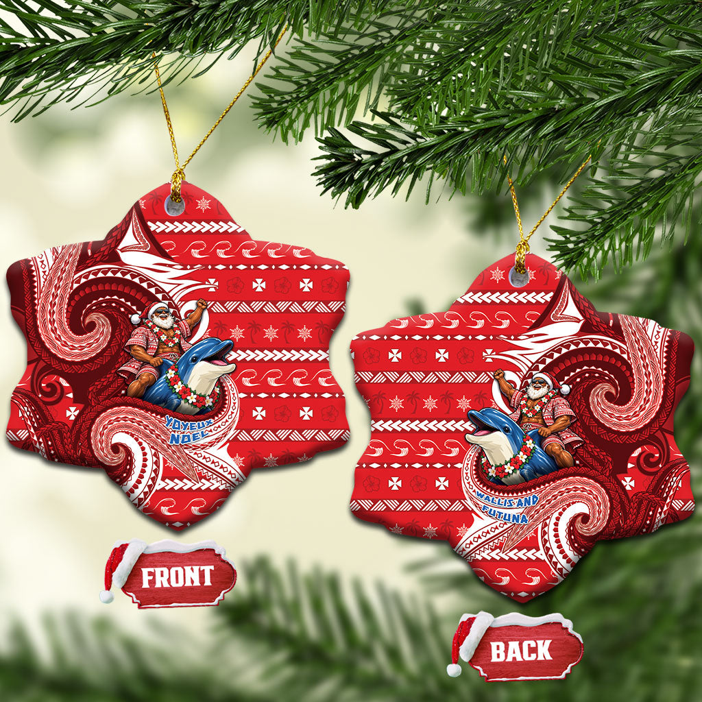 Wallis And Futuna Christmas Ceramic Ornament Santa Riding Ocean Dolphin DT05 Snow Flake Red - Polynesian Pride