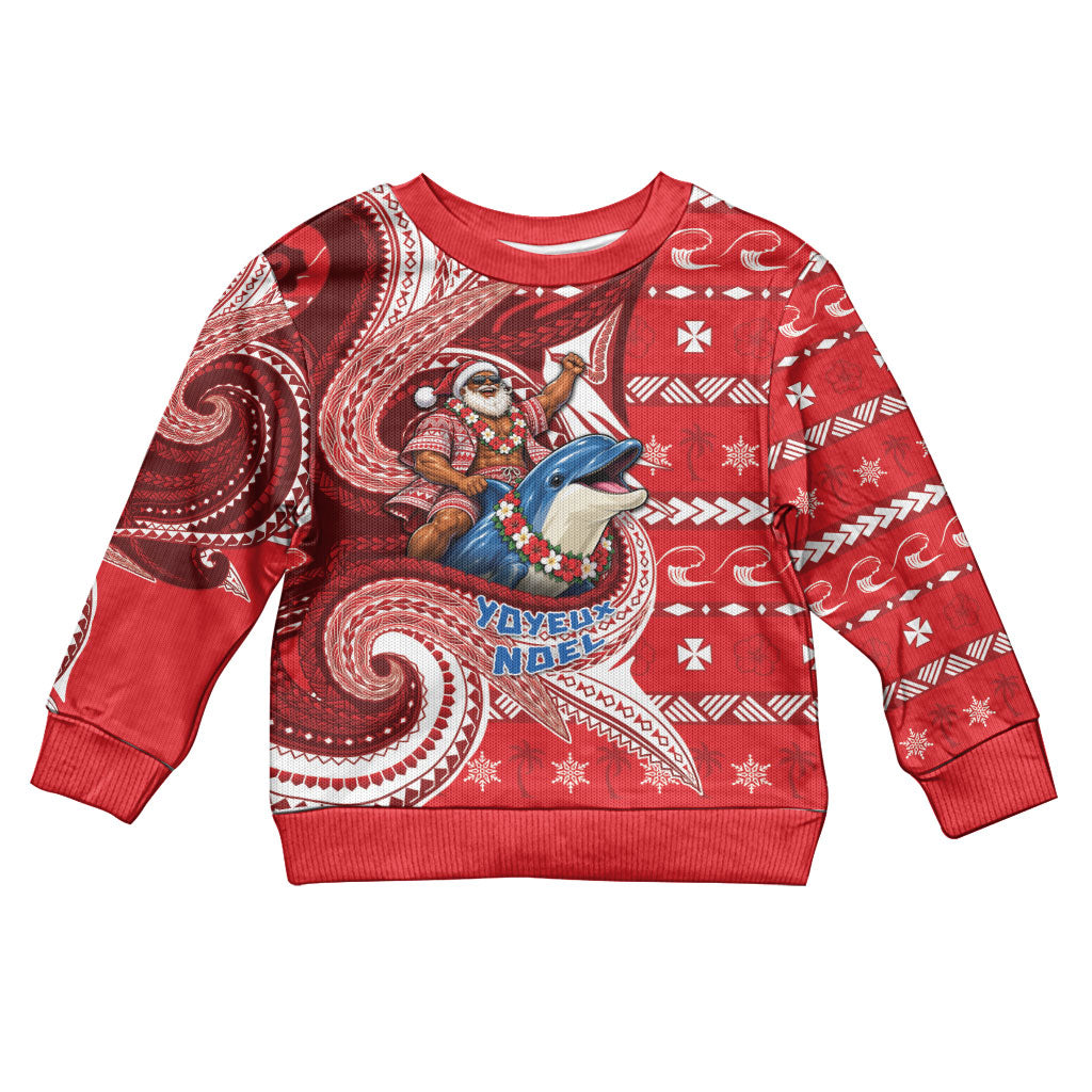 Wallis And Futuna Christmas Kid Ugly Christmas Sweater Santa Riding Ocean Dolphin DT05 Kid Red - Polynesian Pride