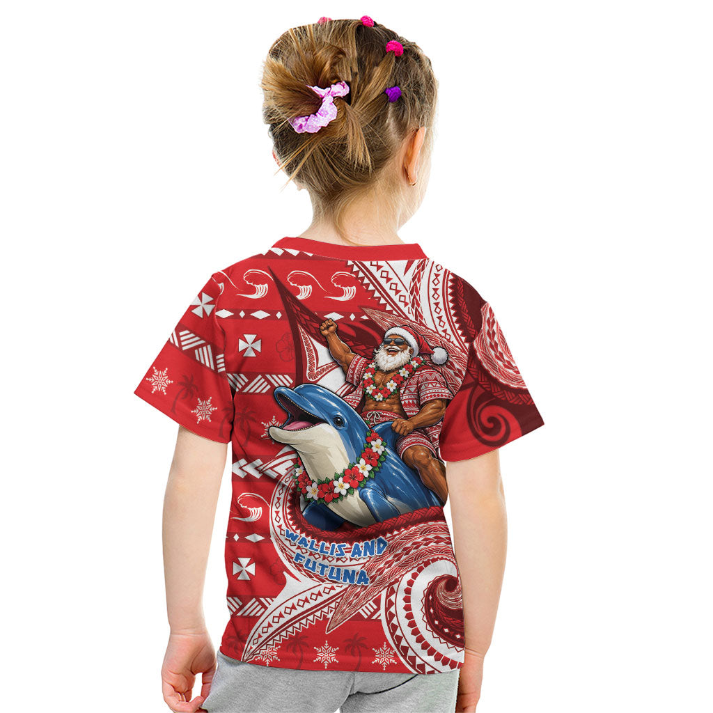 Wallis And Futuna Christmas Kid T Shirt Santa Riding Ocean Dolphin DT05 - Polynesian Pride