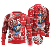 Wallis And Futuna Christmas Ugly Christmas Sweater Santa Riding Ocean Dolphin DT05 Red - Polynesian Pride