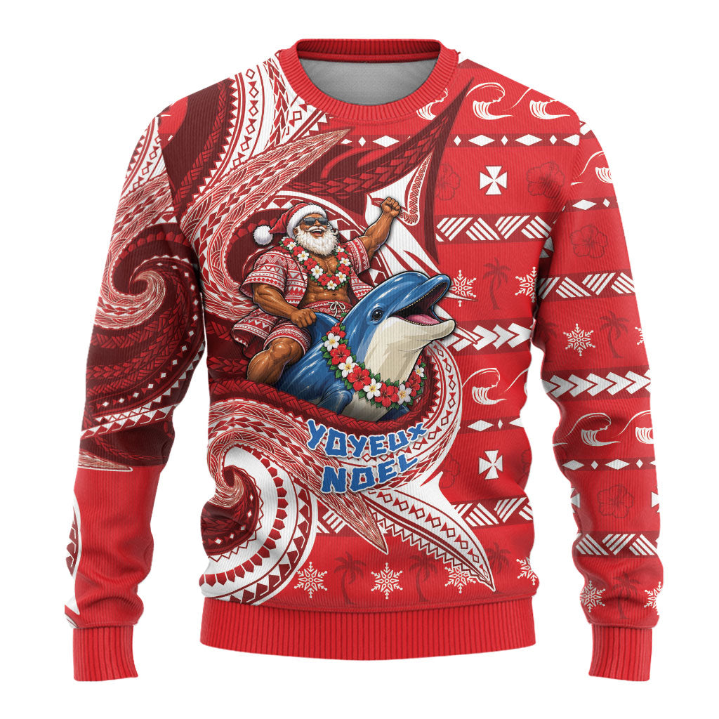 Wallis And Futuna Christmas Ugly Christmas Sweater Santa Riding Ocean Dolphin DT05 - Polynesian Pride