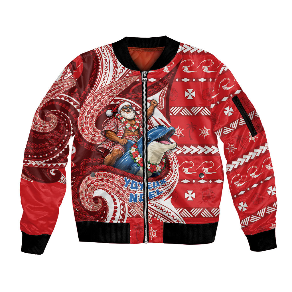 Wallis And Futuna Christmas Sleeve Zip Bomber Jacket Santa Riding Ocean Dolphin DT05 Unisex Red - Polynesian Pride