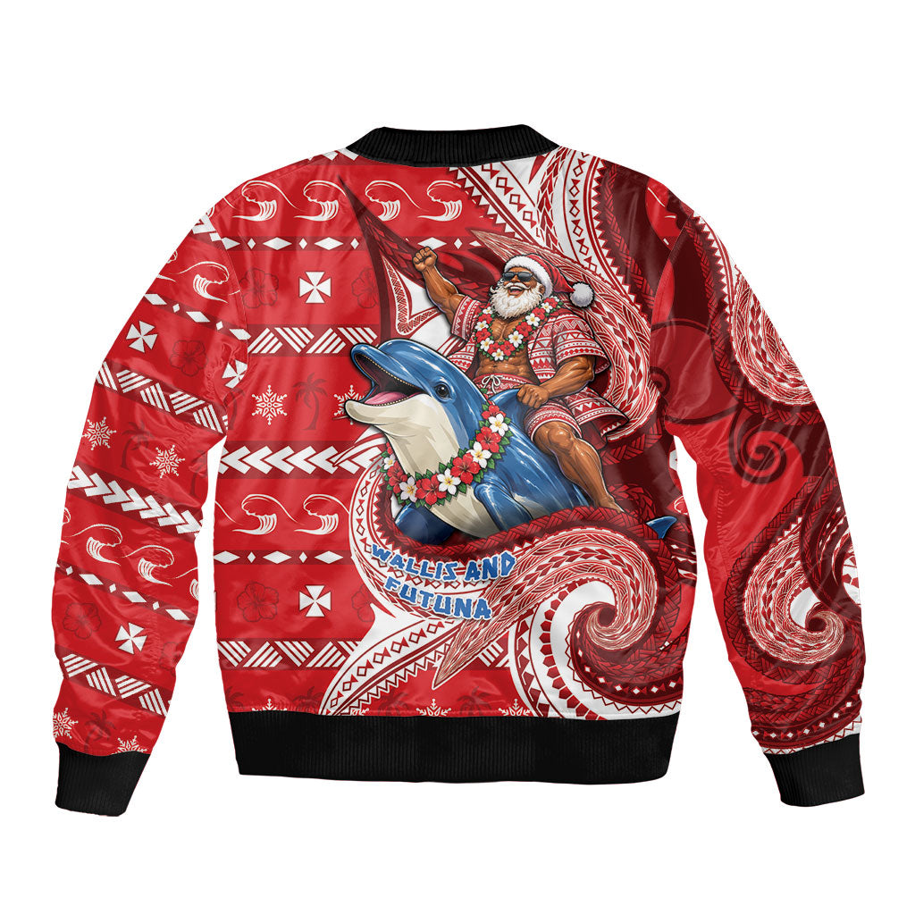 Wallis And Futuna Christmas Sleeve Zip Bomber Jacket Santa Riding Ocean Dolphin DT05 - Polynesian Pride