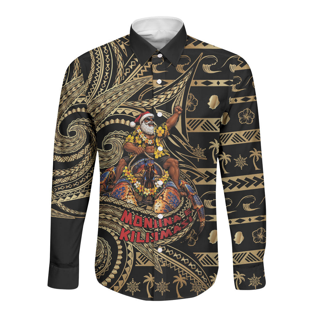 Niue Christmas Long Sleeve Button Shirt Santa Riding Coconut Crab