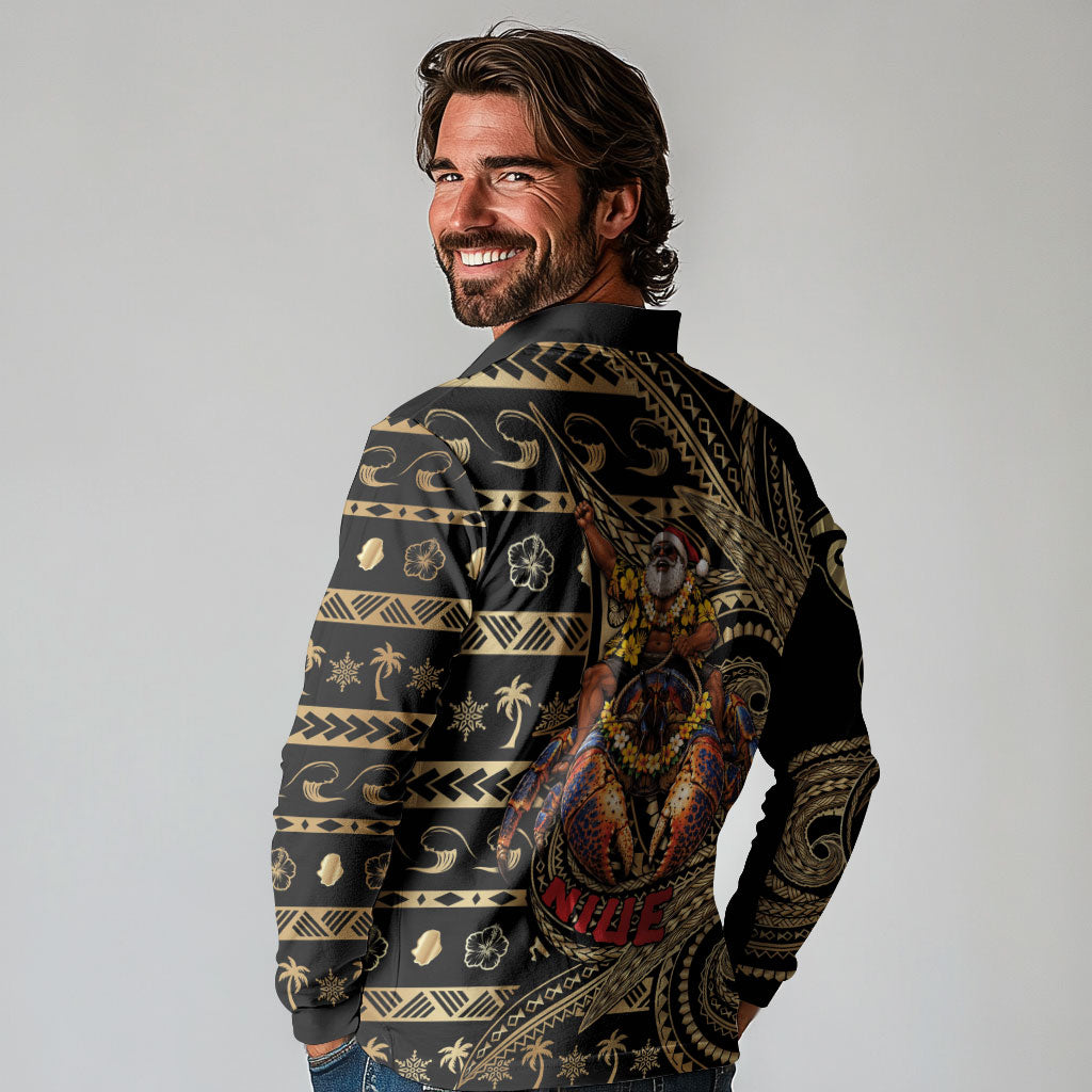 Niue Christmas Long Sleeve Polo Shirt Santa Riding Coconut Crab DT05 - Polynesian Pride