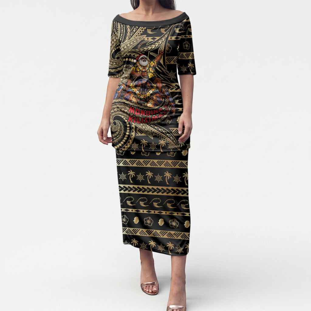Niue Christmas Puletasi Santa Riding Coconut Crab DT05 Long Dress Gold - Polynesian Pride