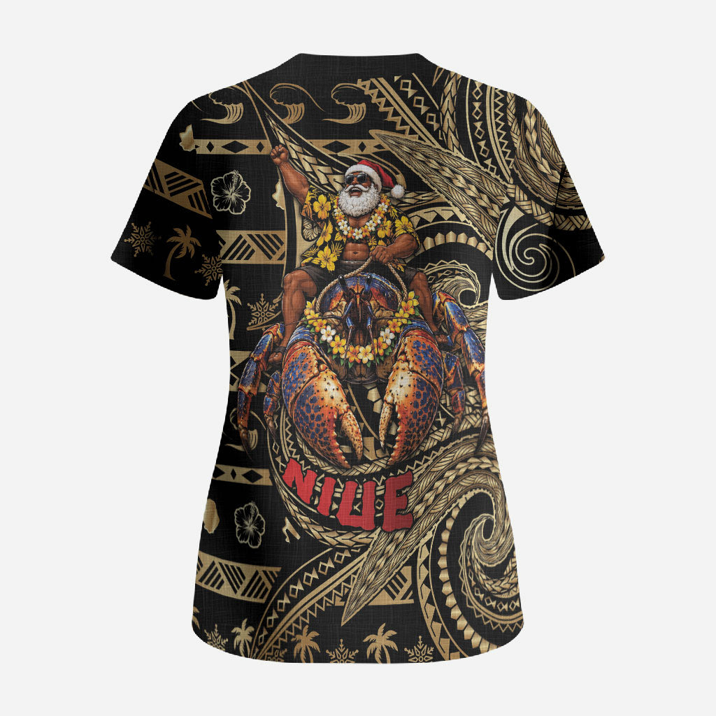 Niue Christmas Scrub Top Santa Riding Coconut Crab