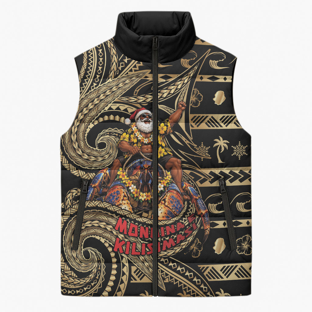 Niue Christmas Sleeveless Puffer Jacket Santa Riding Coconut Crab DT05 Unisex Gold - Polynesian Pride