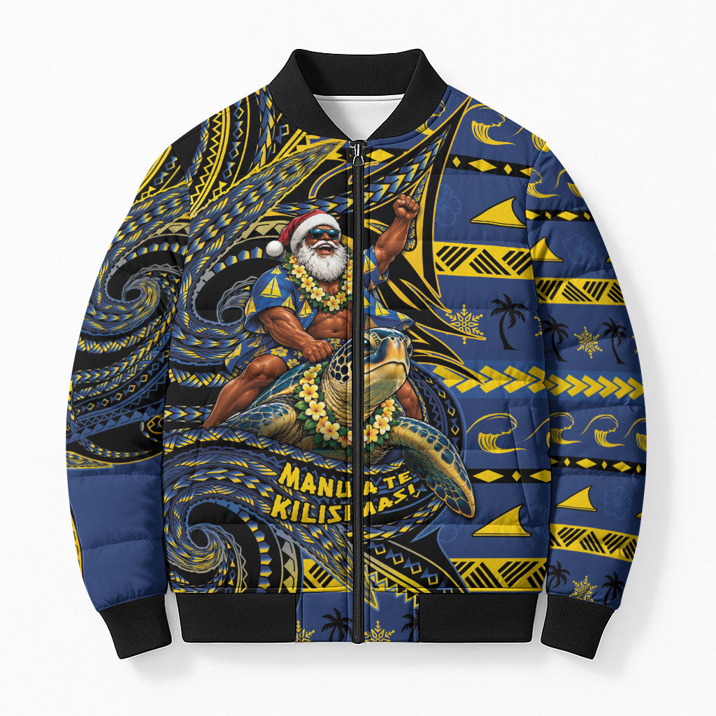 Tokelau Christmas Bomber Puffer Jacket Santa Riding Sea Turtle