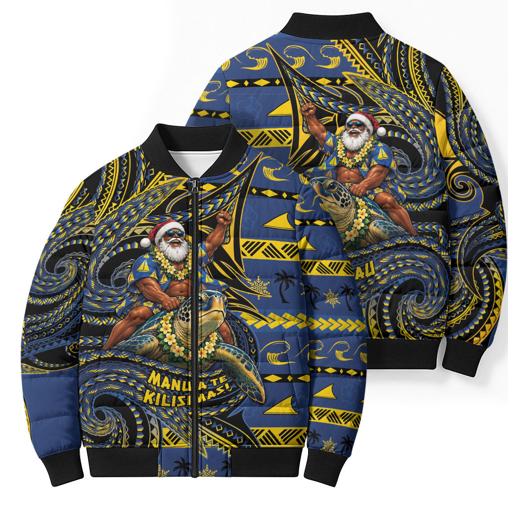 Tokelau Christmas Bomber Puffer Jacket Santa Riding Sea Turtle