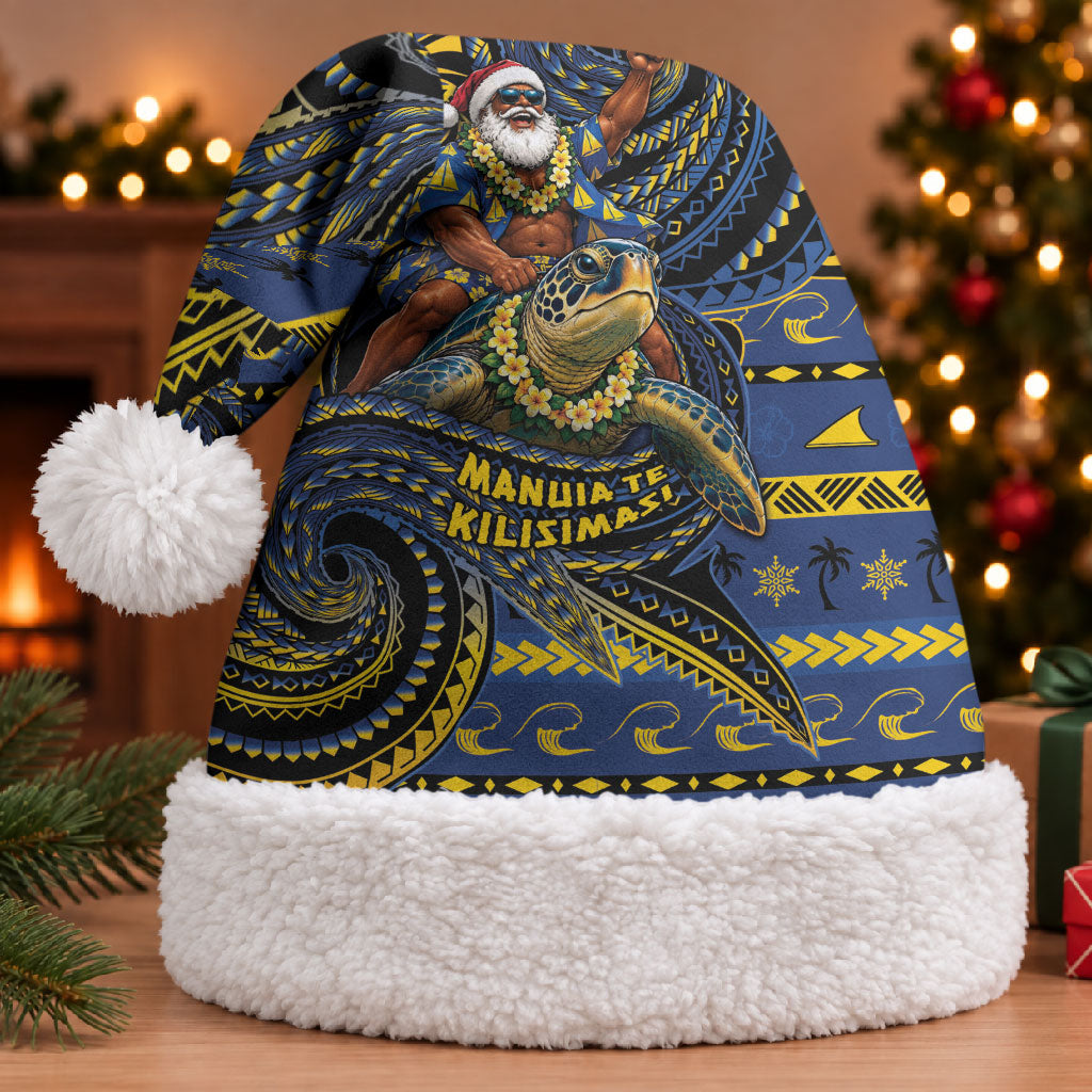 Tokelau Christmas Santa Hat Santa Riding Sea Turtle DT05 With Fur Navy - Polynesian Pride