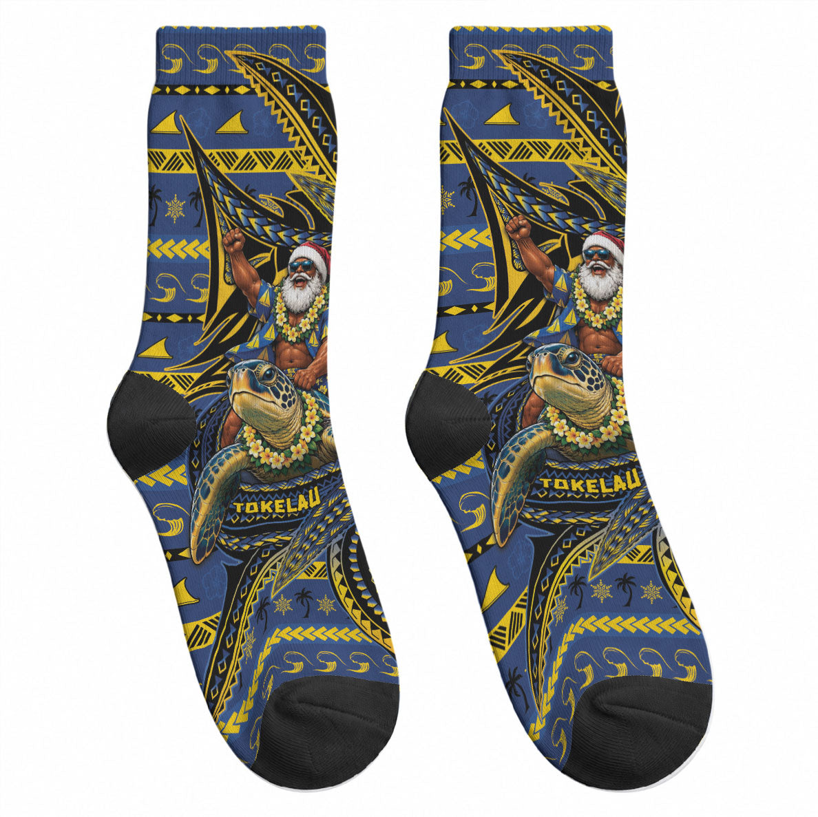 Tokelau Christmas Crew Socks Santa Riding Sea Turtle